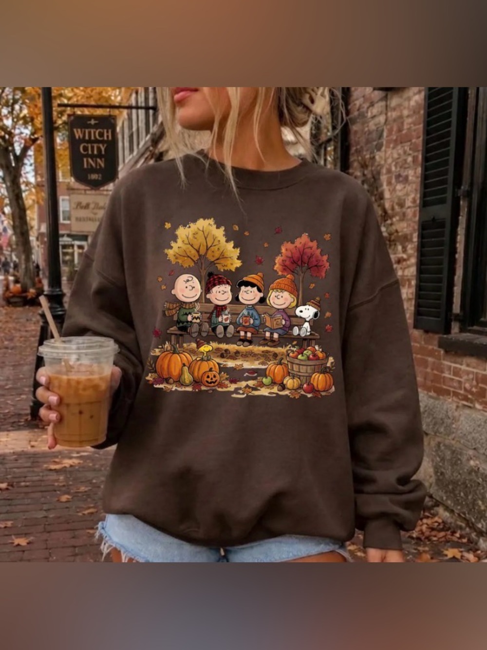 Fall Friends Sweatshirt, Cute Autumn Cartoon Graphic Tee, Park Bench Pumpkin Tee